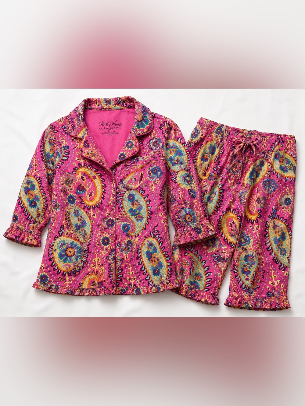 Nick & Nora Pink Paisley Pajama Set Button Up Top Capri Pants Colorful